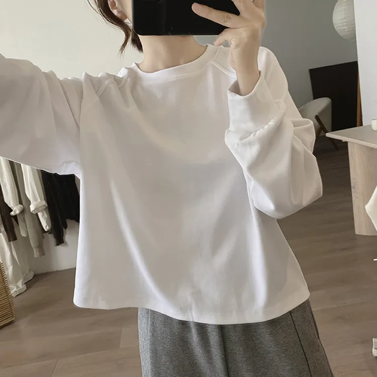 棉质t恤女式春秋新款宽松显瘦插肩袖简约基础款圆领短款减龄卫衣