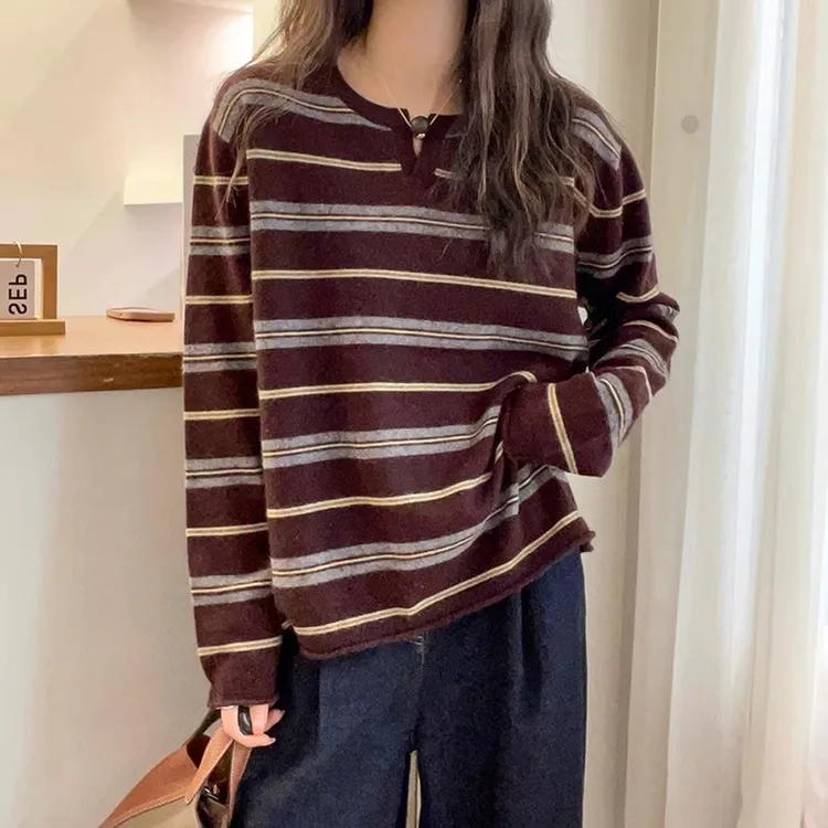 撞色条纹V领长袖针织衫女2025秋装新款欧货女装套头打底衫上衣潮