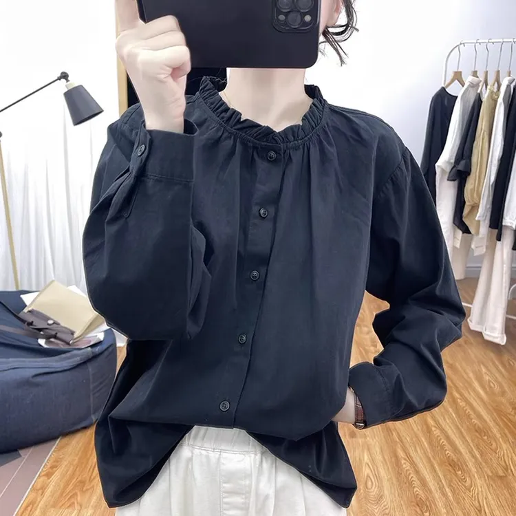 高级纯棉荷叶领长袖衬衫女港风时尚减龄上衣春秋新款宽松打底衬衣