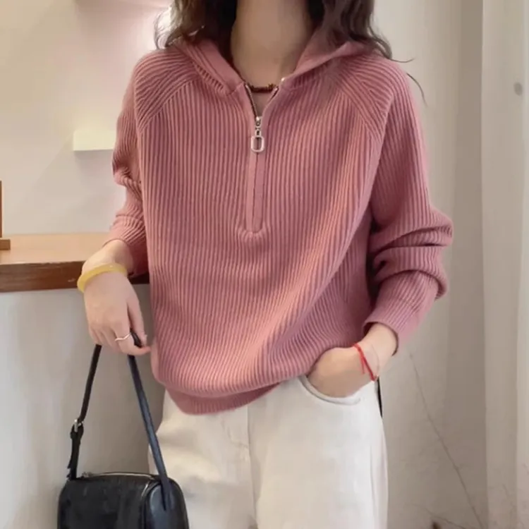 复古时尚设计坑条连帽针织衫女2025秋装新款欧货女装打底衫上衣潮
