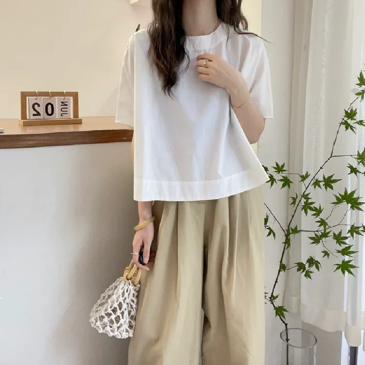设计感A字短款简约短袖衬衫女夏装韩版宽松纯色衬衣洋气小衫上衣t