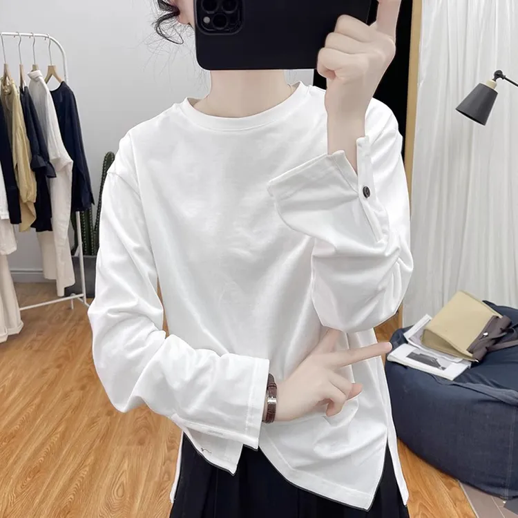 港风复古设计纯棉长袖T恤女袖子纽扣上衣2026春秋新款圆领打底衫