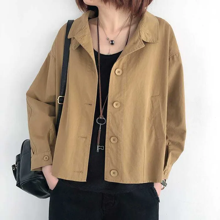 100%纯棉短外套女秋季新款文艺复古纯色长袖短款夹克宽松翻领上衣