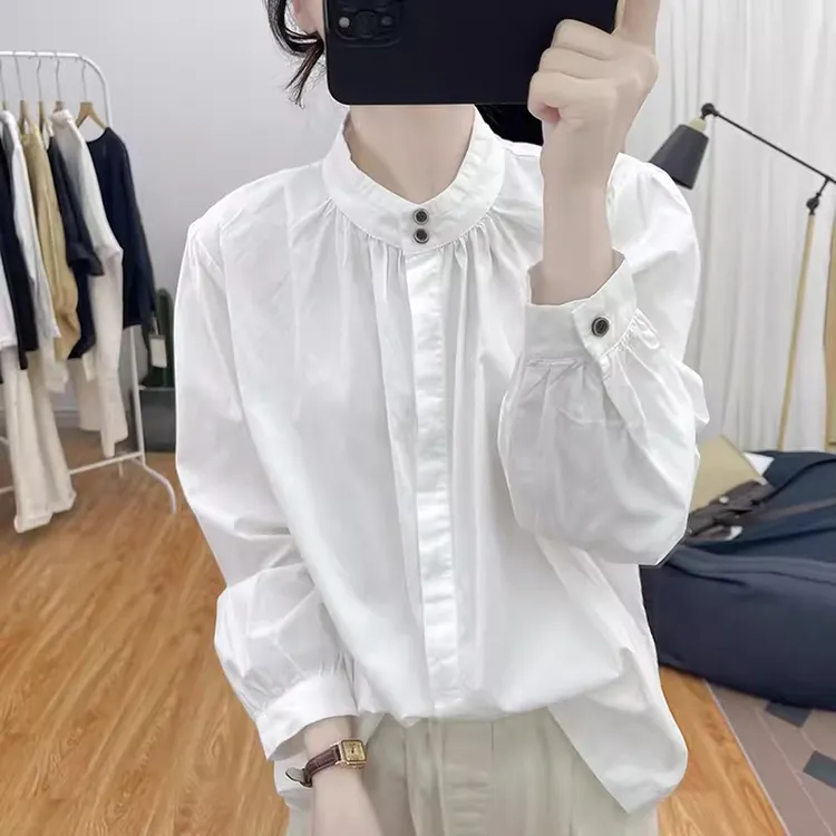 春秋新款简约立领小黑扣衬衫女宽松气质衬衣日系纯棉百搭长袖上衣