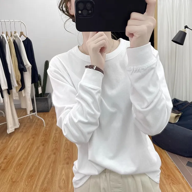 春秋新款加厚纯棉磨毛长袖T恤女设计领口斜纹上衣2025新款打底衫