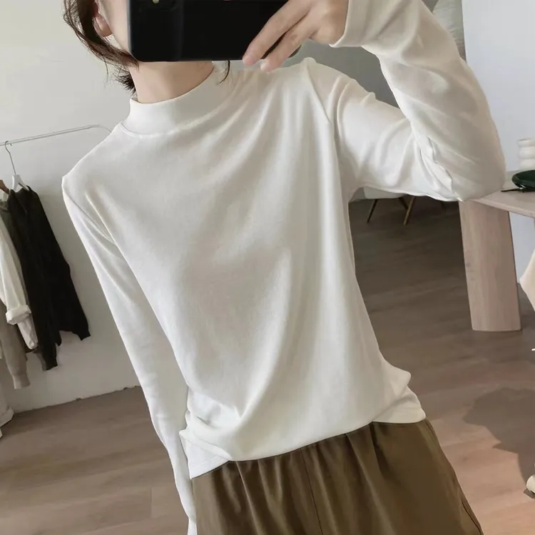 半高领t恤女式春秋季新款简约韩版显瘦基础款打底衫棉质减龄上衣