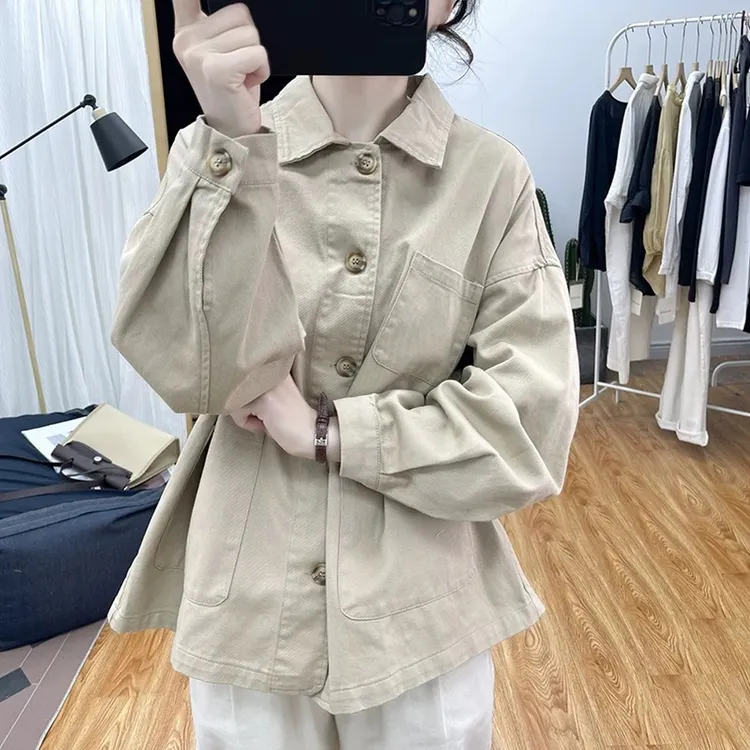 复古港味工装风宽松净色气质纯棉上衣女秋季新款斜纹棉夹克外套潮