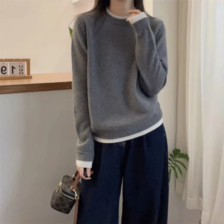 保暖内搭拼色圆领假两件打底针织衫女士秋冬新款洋气减龄软糯上衣