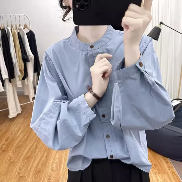 港风时尚双门襟纯棉小立领长袖衬衫女式减龄上衣2025新款宽松衬衣