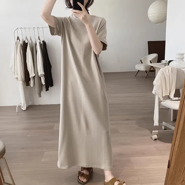 棉质连衣裙女夏季新款韩版时尚显瘦简约圆领短袖基础款减龄中长裙