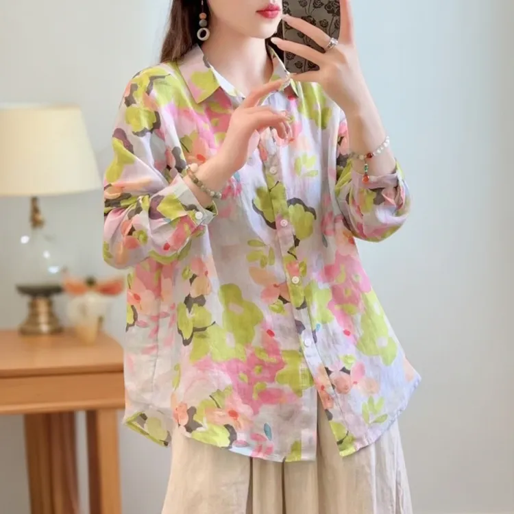 春秋新款仿麻POLO领碎花衬衫女洋气薄款印花法式小众时尚打底上衣