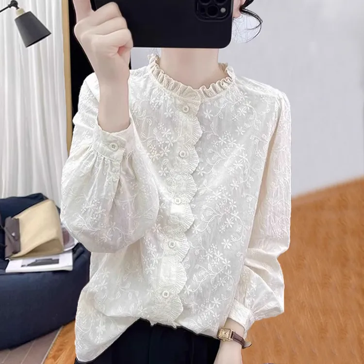 新中式立领刺绣蕾丝衬衫女春秋新款法式甜美宽松打底衫长袖上衣潮