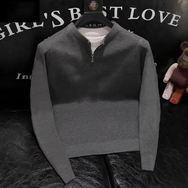 秋冬季新款男士纯色加厚假两件针织衫时尚简约半拉链毛衣复古流行