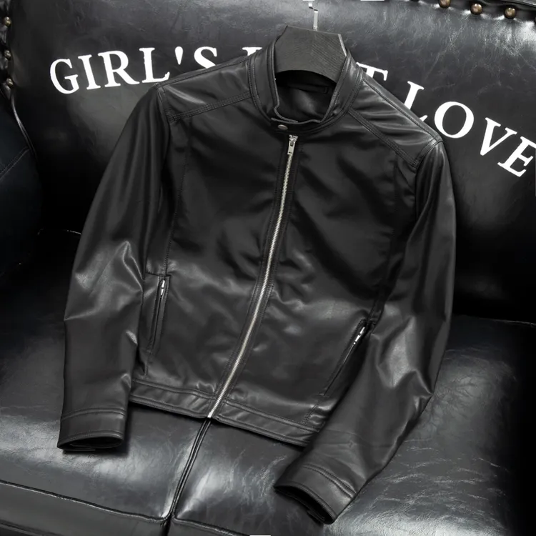 欧货秋季新款高端立领皮衣男士时尚帅气潮牌纯色休闲皮夹克外套男