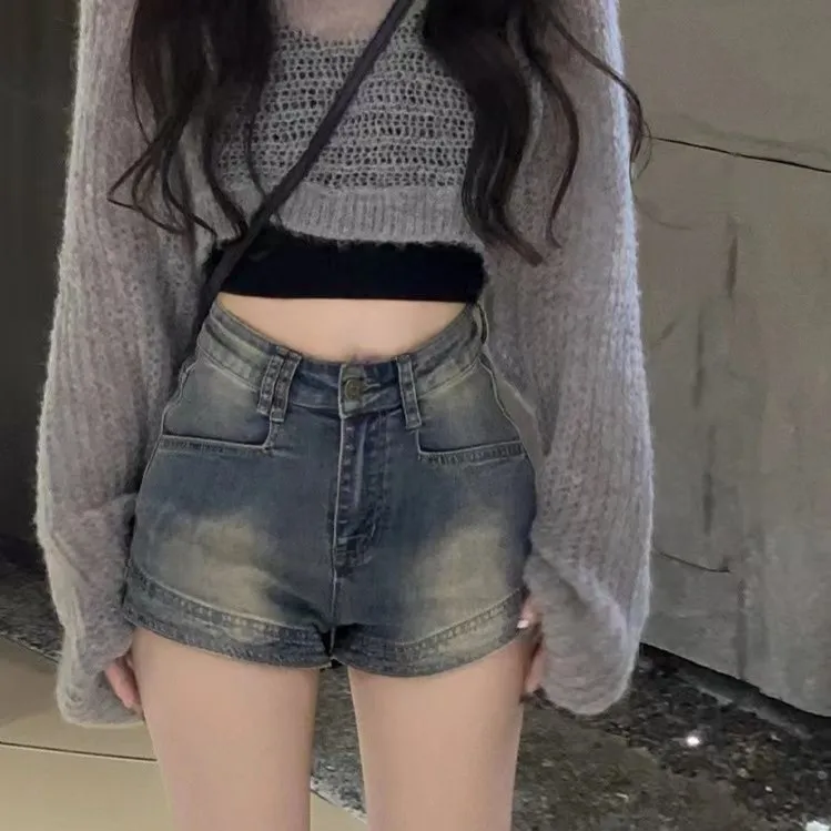 美式辣妹牛仔短裤复古蓝色2025年夏季包臀显瘦显腿长直筒高腰怀旧
