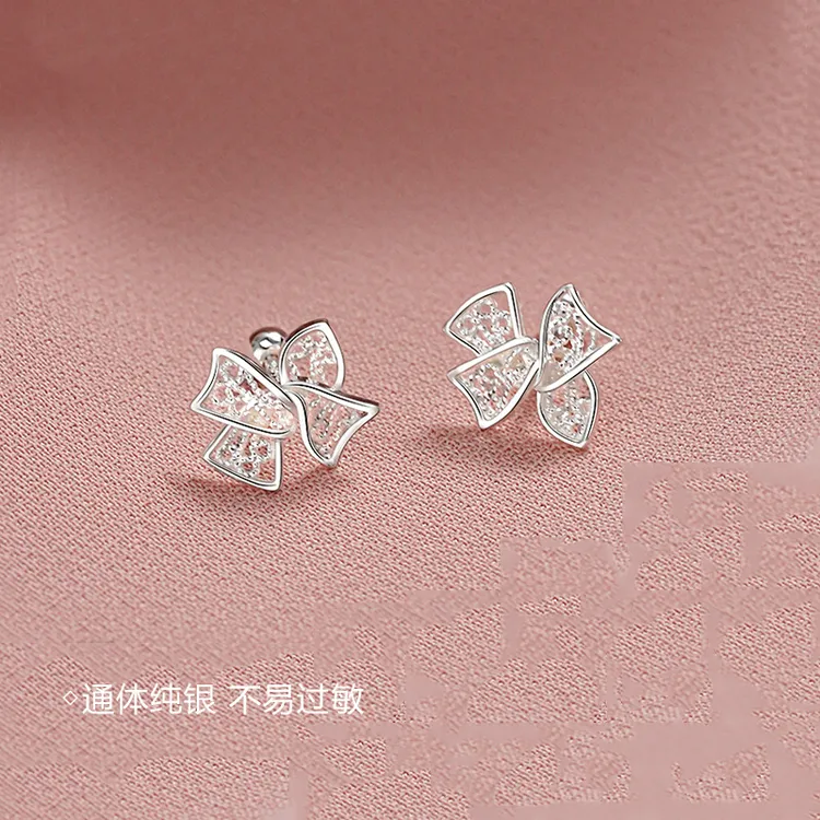 足银耳饰 999纯银蝴蝶结耳钉养耳洞螺丝拧扣耳环2025新款小众耳饰
