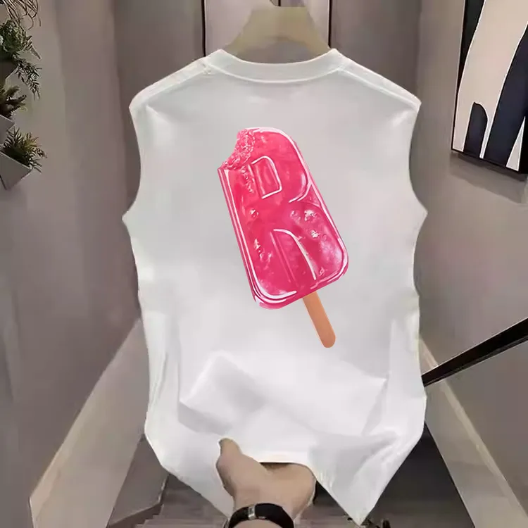 夏季潮牌圆领无袖t恤背心男款美式坎肩冰棒印花纯棉宽松男士上衣