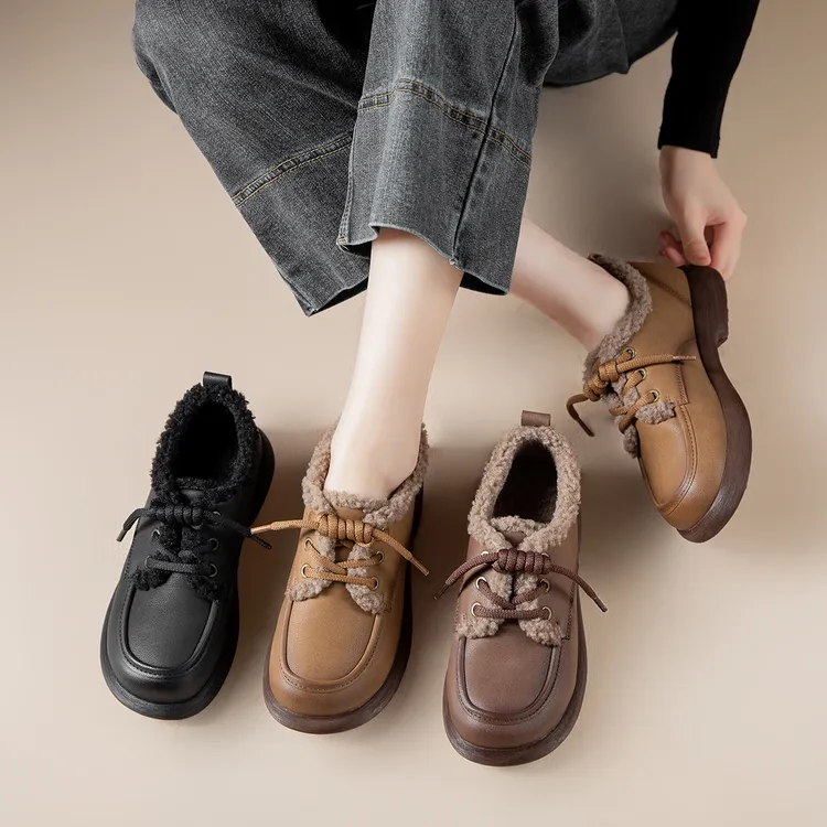 真皮软底女鞋平底加绒厚底百搭棉鞋女舒适防滑不累脚时尚乐福鞋女
