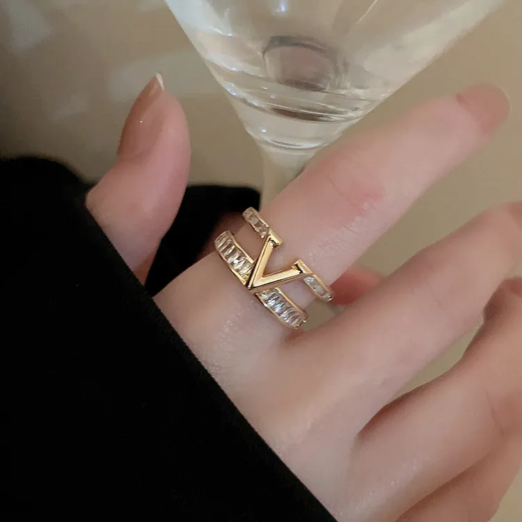 铜合金戒指 【品牌】真金电镀锆石字母双层开口戒指个性潮流设计女