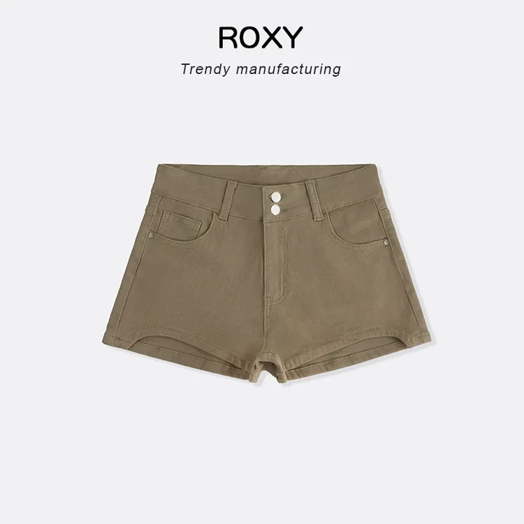 Roxy2025新款美式复古高腰双扣不规则热裤包臀A字弹力牛仔短裤
