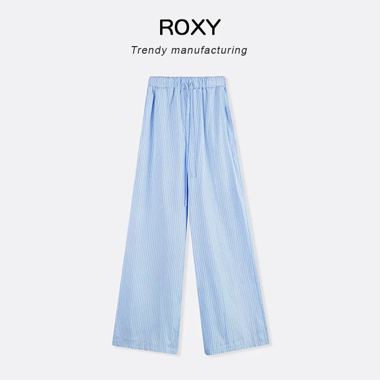 Roxy条纹薄款松紧腰直筒阔腿拖地裤垂感休闲裤