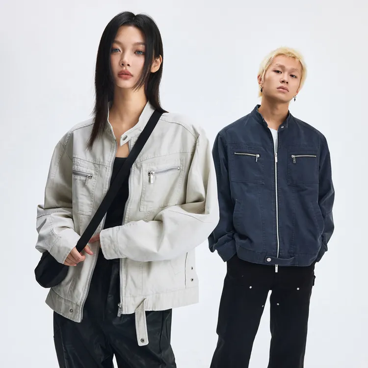 WaitingWave复古哈灵顿水洗帆布夹克美式街头风立领休闲外套男女