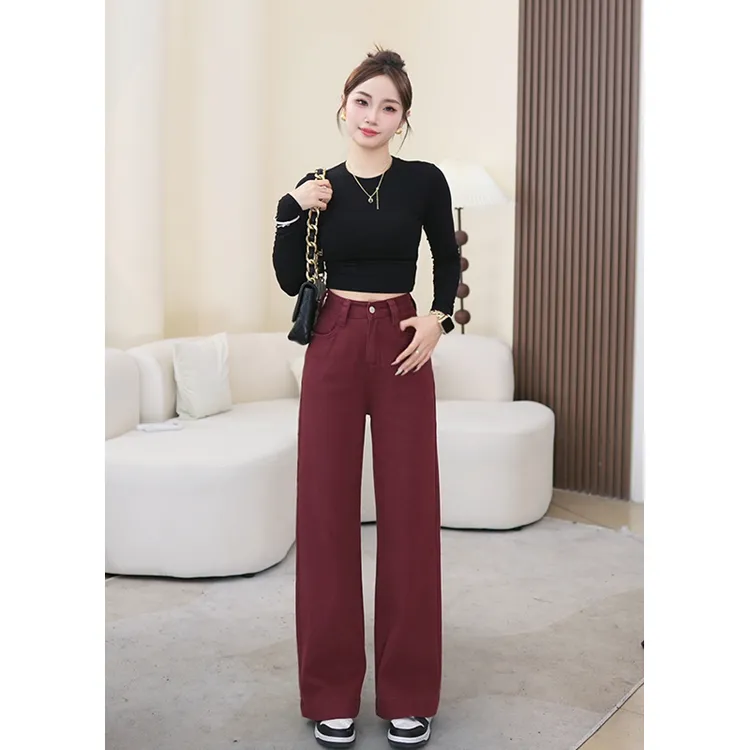 乔栈安可拉红窄版阔腿牛仔裤女款2025年春秋新款宽松显瘦直筒裤子