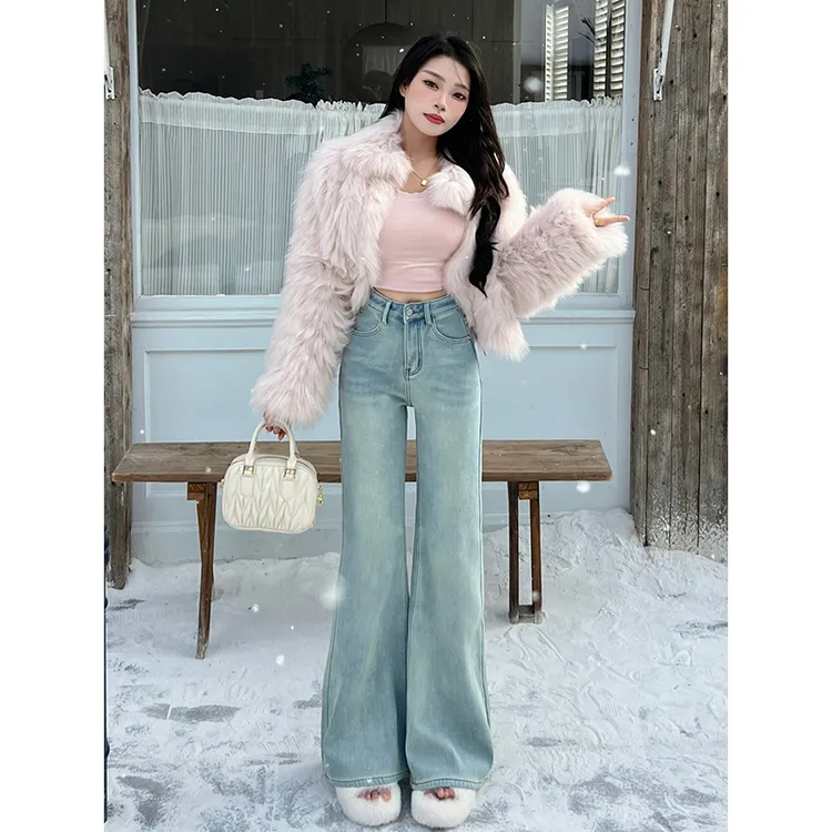 乔栈浅蓝色微喇牛仔裤女款爆款2025秋冬新款高腰宽松显瘦阔腿裤子