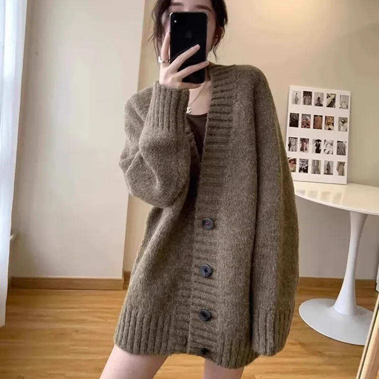 记述慵懒风复古针织衫外搭秋冬加厚上衣毛衣外套女开衫宽松中长款