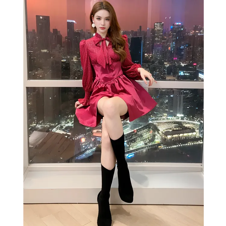 40631秋季新款时尚高级感法式收腰气质显瘦连衣裙