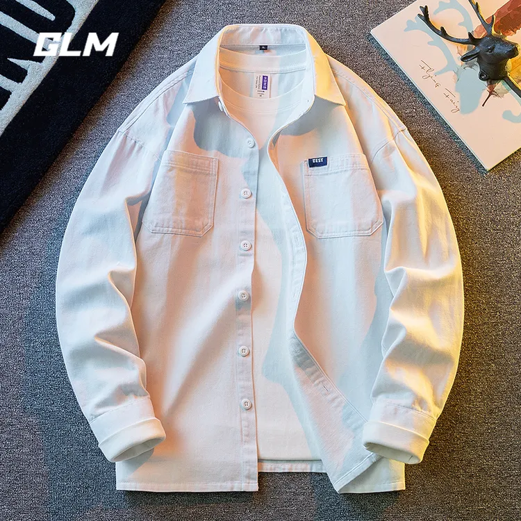 GLM夏季潮牌日系纯色寸衫复古高级感美式休闲宽松长袖衬衫外套 男