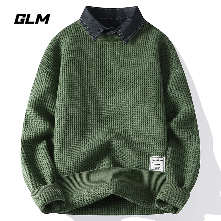 GLM秋冬衬衫领假两件潮流保暖宽松春秋套头带领毛衣 男针织衫外套