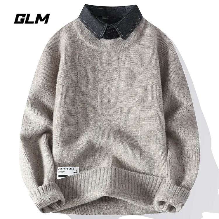 GLM秋冬新款休闲衬衫领假两件套头加厚保暖毛衣 男带领针织衫外套