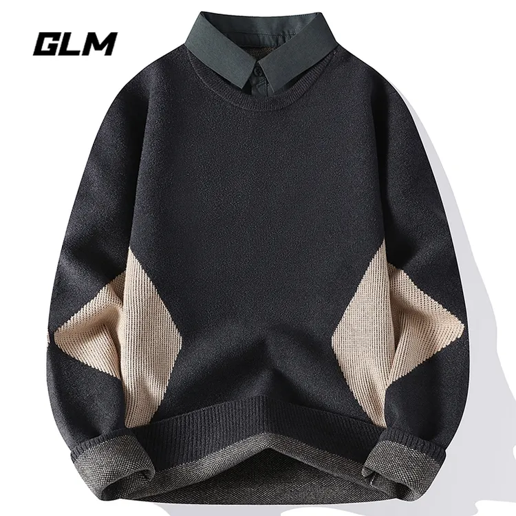 GLM春季新款休闲衬衫领假两件套头加厚保暖毛衣 男带领针织衫外套