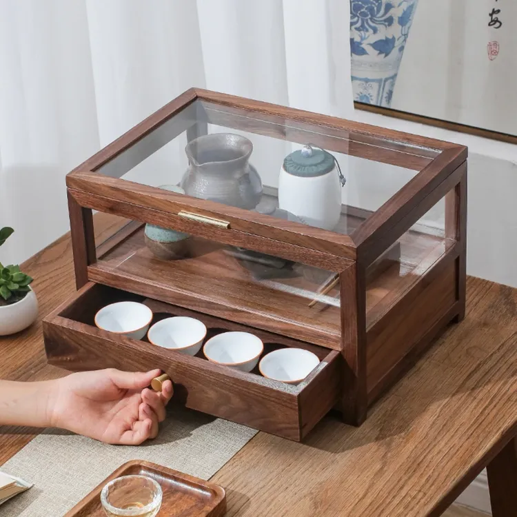 北美实木家用复古防尘透明玻璃茶桌茶具桌面茶具收纳柜茶具收纳架