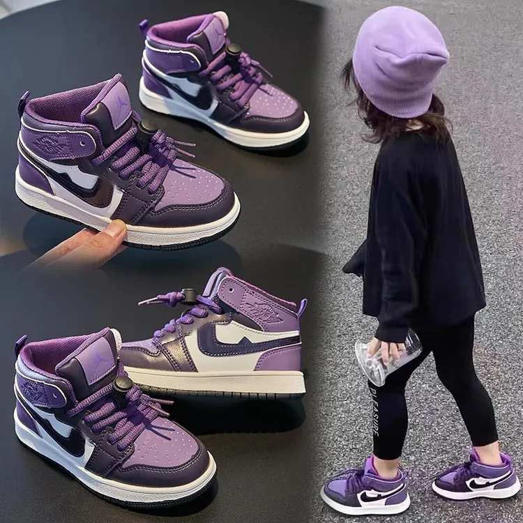 大黄蜂AJ高帮女童鞋紫色运动鞋2025秋冬加绒儿童板鞋男童休闲潮鞋