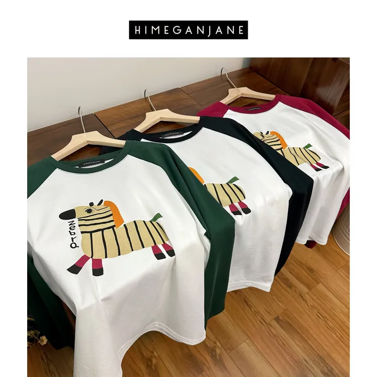 HIMEGANJANE 双面索罗娜小马插肩撞色宽松T恤长袖衫24731