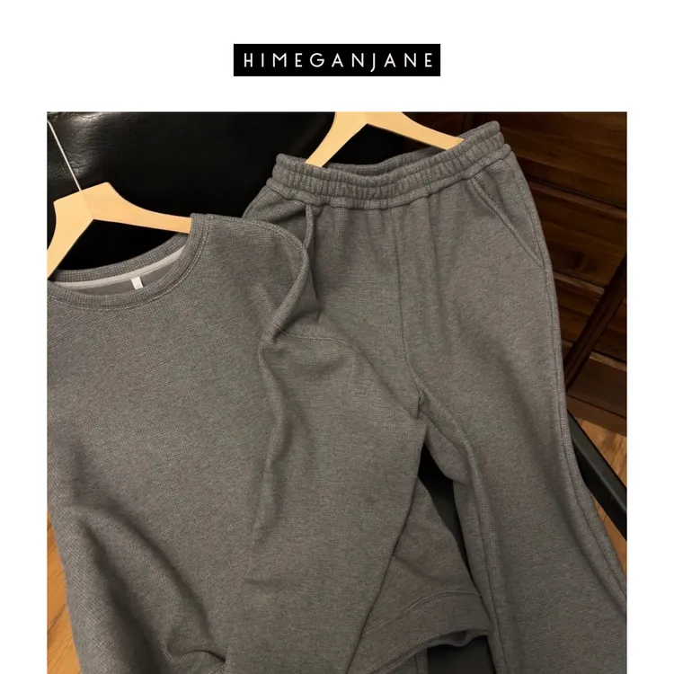 HIMEGANJANE 肌理感华夫格卫衣套装加厚加绒慵懒风宽松套装3297