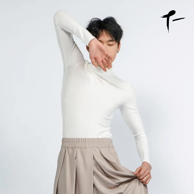 涂一2209M现代舞蹈练功男紧身长袖半高领黑色连体穿搭体操服艺考