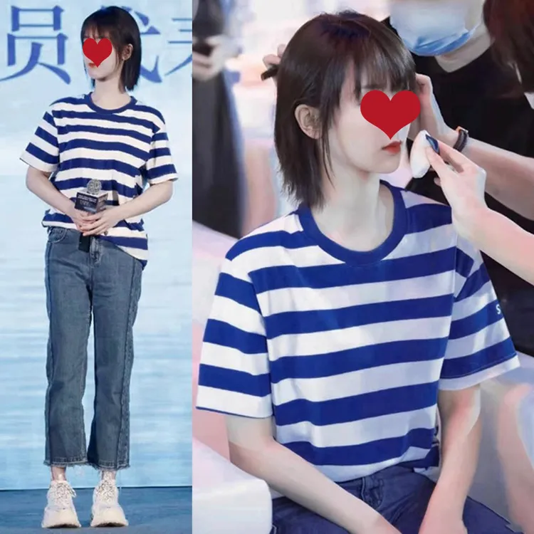 余生请多指教林之校林之笑明星同款上衣服夏蓝白条纹圆领短袖t恤