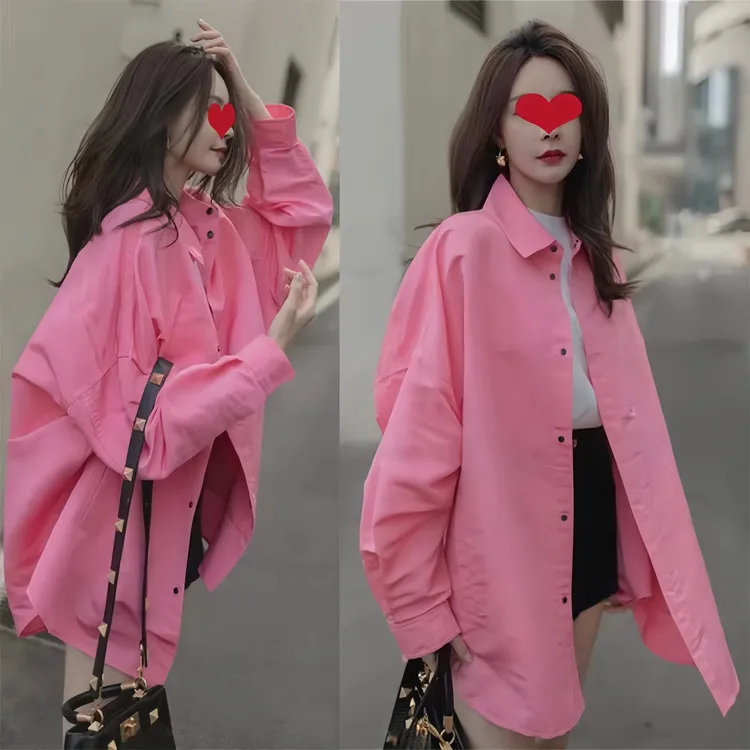 明星同款长袖衬衫女装春秋设计感小众炸街宽松粉色上衣服潮中长款