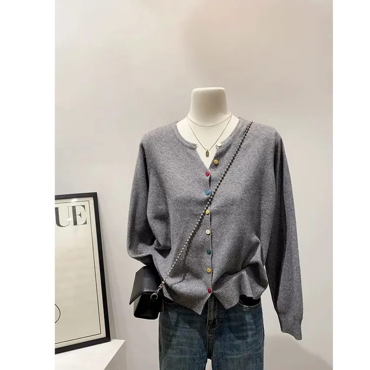 韩版秋装百搭彩色单排扣小V领针织开衫女宽松休闲外穿软糯小外套