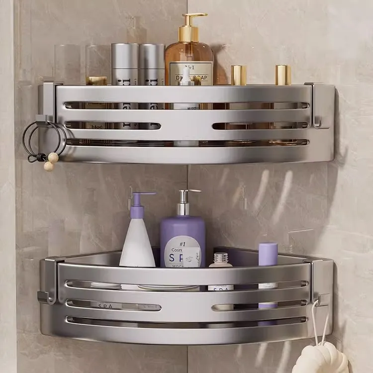 卫生间置物架浴室架子收纳架免打孔三角置物架灰色洗澡间毛巾架