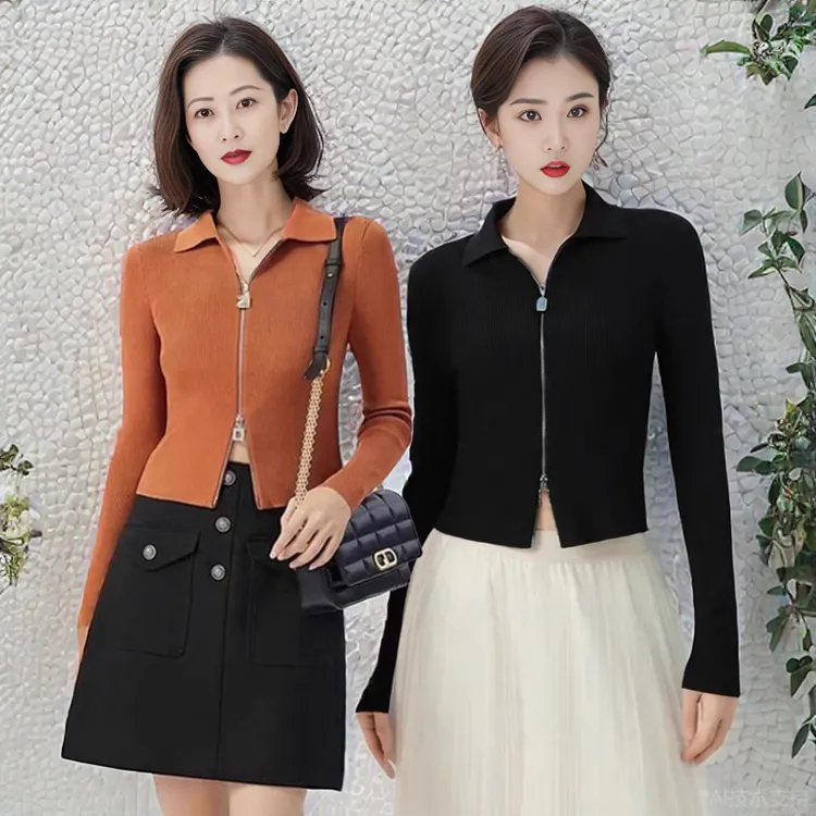 商场新款2025春秋时尚polo领双头拉链开衫女短款冰丝针织上衣外搭