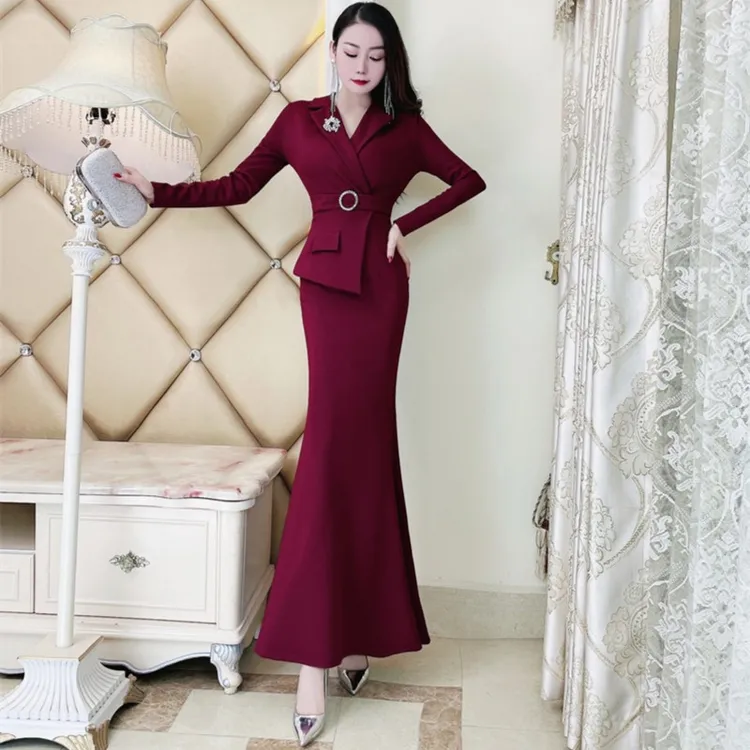 新款气质名媛冬季遮肚子百搭保暖鱼尾长裙修身显瘦包臀洋气连衣裙