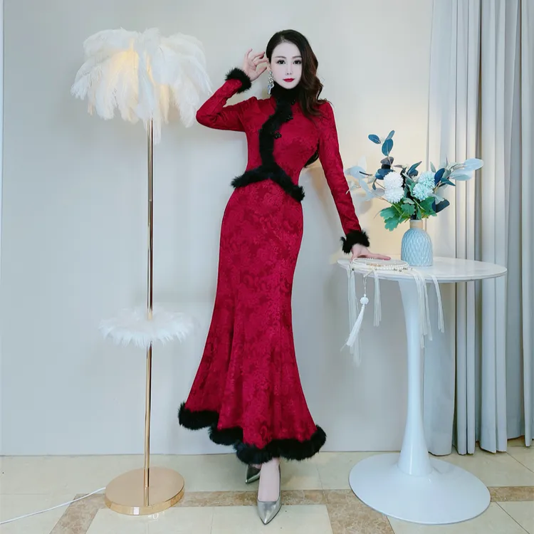 冬季新款复古新中式贵气改良旗袍高级感毛领修身显白鱼尾连衣裙