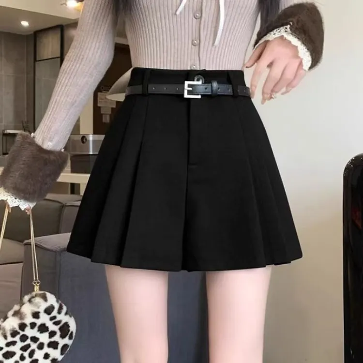 【送腰带】2025新款毛呢短裤女秋冬高腰百搭百褶阔腿宽松休闲靴裤