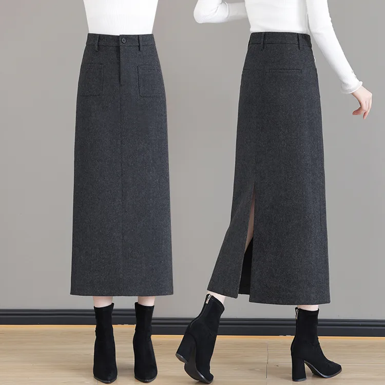 毛呢半身裙女秋冬季2023新款高腰西装a字中长款开叉呢子包臀裙子