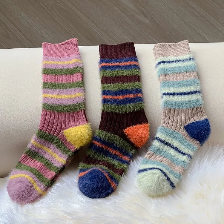 冬季加厚女中筒袜条纹保暖高筒堆袜拼色百搭女士ins日系韩版