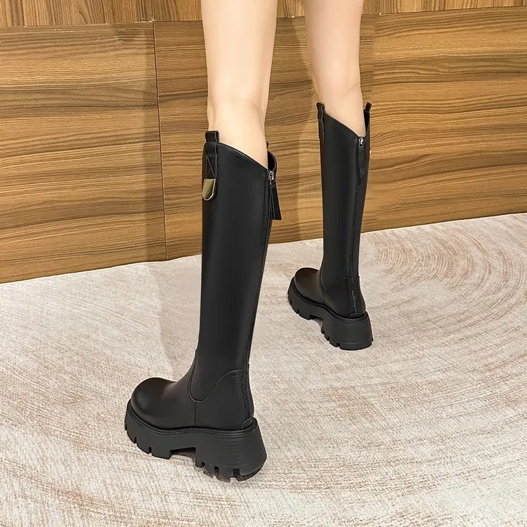 V口厚底长筒靴女2024秋冬新款小个子长靴粗腿显瘦不过膝爆款靴子